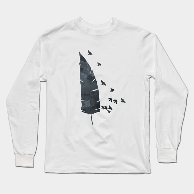 Black Feather And Birds Long Sleeve T-Shirt by TheJollyMarten